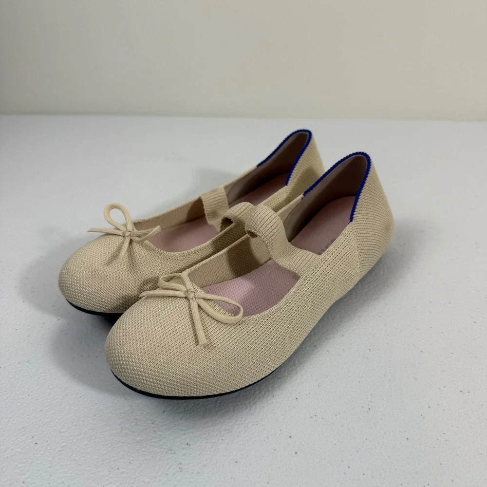 Rothys Kids Mary Jane Sand Beige Knit Bow Flats Shoes Size K3